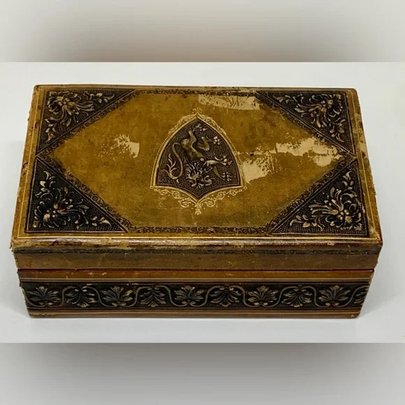 Mid Century Vintage Lion Crest Embosssed Embellished Leather Wood Jewelry Box